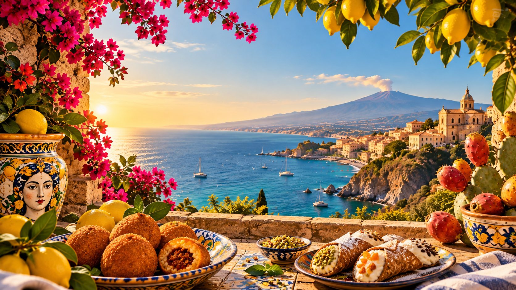 A Sicilian terrace with arancini, cannoli, lemons and majolica, looking over the sea to Etna