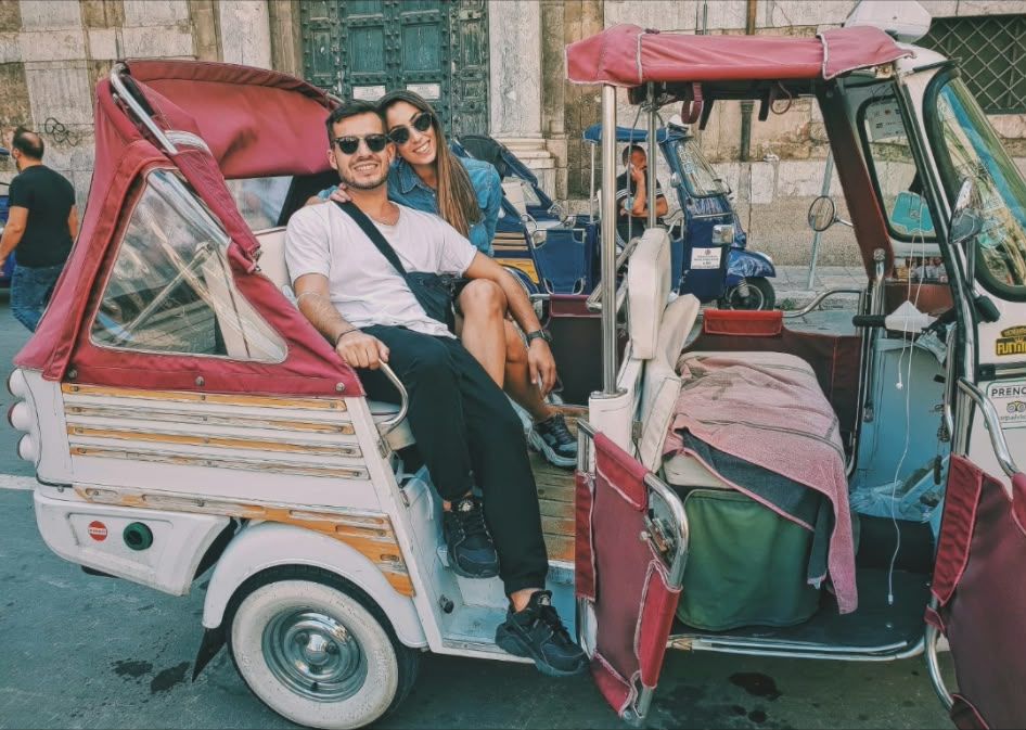 Francesco and Lior in a tuk-tuk in Palermo